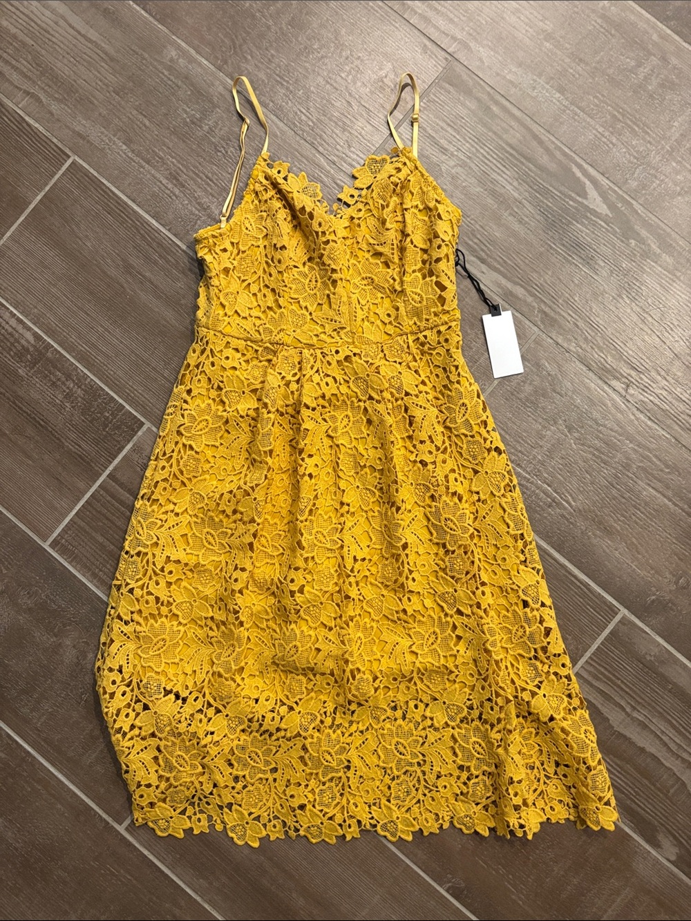 Astr Yellow Floral Lace Midi Dress with Spaghetti Straps